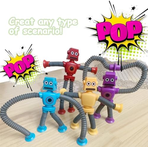 Pop Tubes Robot Toy, 4 Packs Fidget Toys Telescopic Suction Cup Robotics Autism Sensory Toys for Toddlers Boys Girls Educational Classroom Treasure Box Stretchy Robots Party Favors - Image 7