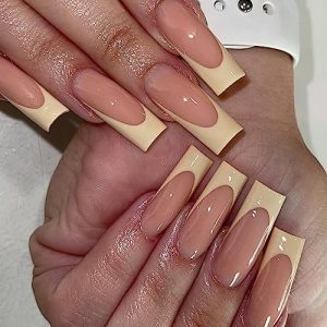 Long Press on Nails Square Fake Nails Yellow French Tip Acrylic Nails Full Cover Nude False Nails with Design Extra Long Artificial Glue on Nails Glossy Summer Stick on Nails for Women Girls 24Pcs