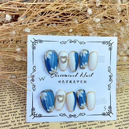 Magrace Handmade Press on Nails Short Fake Nails Square Stick on Nails for Women Gel UV Finish Handmade Nail Art with Design 10 pcs (Small (Pack of 10), blue glitter - Image 4