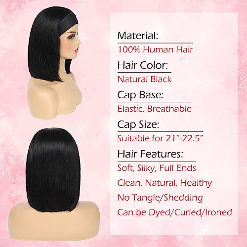 Bob Human Hair Headband Wigs Straight Headband Wigs For Black Women Short Bob Human Hair Wigs Color 1B Natural Black None Front Lace 150% Density Brazilian Human Hair Headband Wig (12") - Image 3