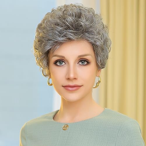HAIRCUBE Short Silver Gray Wavy Curly Synthetic Wig for Women with Bangs - Medium Size