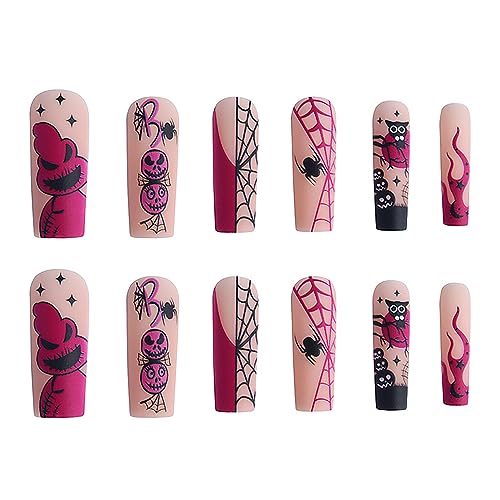 Halloween Press on Nails Long Coffin Fake Nails Full Cover False Nails with Scary Ghost Designs Spider Web Acrylic Nails Matte Stick on Nails Halloween Artificial Nails for Women and Girls 24Pcs - Image 6