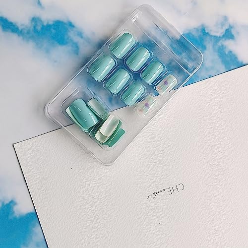 24Pcs Press on Nails Square Fake Nails Flower False Nails With Design Acrylic Glue on Nails Medium Length Blue Stick on Nails for Women and Girls - Image 5