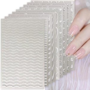 Silver Glitter French Tip Nail Art Stickers 8 Sheets DIY Crafts for Women