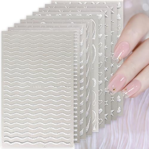 Silver Glitter French Tip Nail Art Stickers 8 Sheets DIY Crafts for Women