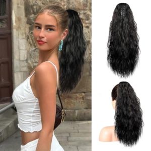 Ponytail Extension, 18 Inch Claw Clip Ponytail Hair Extension for Women Curly Wavy Multi Layered Soft Synthetic Black Hair Pony Tails Hairpiece for Daily Party - 1B Natural Black