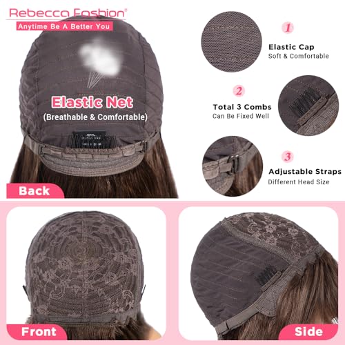 Rebecca Fashion #4 Dark Brown Straight Human Hair Wig with Bangs Ombre Brown Honey Blonde Wigs for Women Glueless Wigs for Beginners, Lazy Girls, Office Worker 18 Inch - Image 5