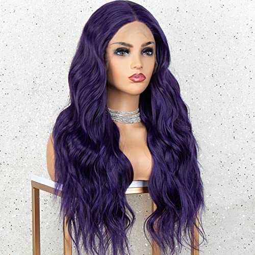 K'ryssma 22 Inch Long Wavy Purple Synthetic Lace Front Wig for Women Middle Part - Image 6