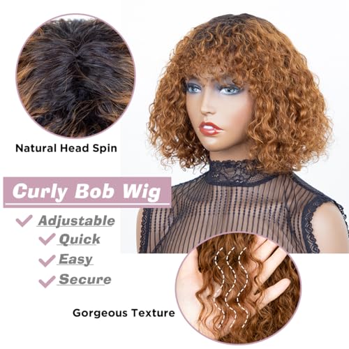 Short Curly Human Hair Wigs with Bangs Water Wave Bob Wig Human Hair Glueless Brazilian Virgin Human Hair Wigs for Black Women 150% Density None Lace Front Wigs 10 Inch Ombre Brown Color - Image 4