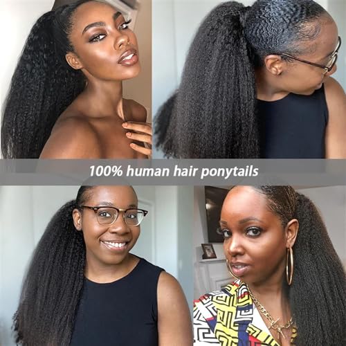 Ponytail Extension Afro Kinky Straight Human Hair Ponytail Extensions Natural Indian Remy Hair Clip in Drawstring Yaki Straight Ponytail Afro Ponytail Hair Pieces Ponytail Hairpiece for Women (Size - Image 6