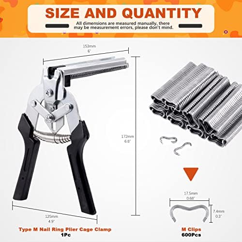 601Pcs Type M Hog Nail Ring Pliers Kit, including Hog Ring Pliers Hand Tools Clamp Upholstery Installation Repair Hand Tools with 600Pcs M Clips Galvanized Steel Nails for Fence Fastening - Image 2