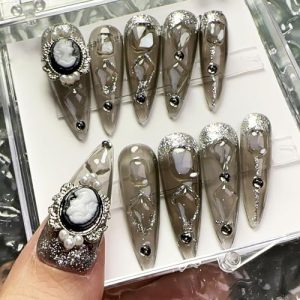 WOMHOPE Press on Nails Handmade Full Cover False Nails with Rhinestone Vintage Black Acrylic Nails for Women and Girls 10pcs/Box Long Almond,Coffin (Medium, Vintage transparent black)