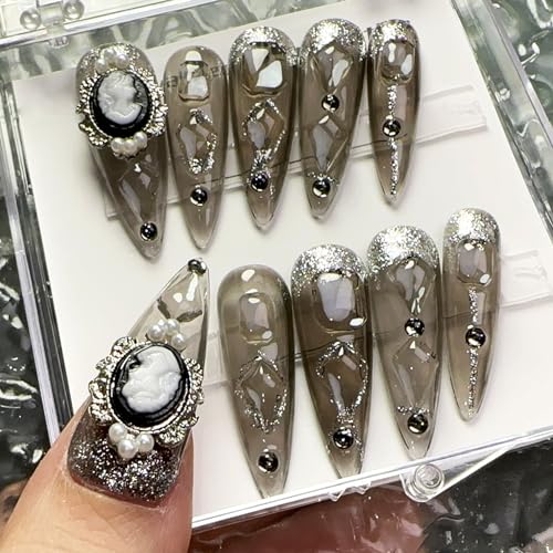 WOMHOPE Press on Nails Handmade Full Cover False Nails with Rhinestone Vintage Black Acrylic Nails for Women and Girls 10pcs/Box Long Almond,Coffin (Medium, Vintage transparent black)