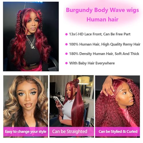 Burgundy Lace Front Wigs Human Hair Pre Plucked 180% Density 13x6 HD Transparent Body Wave Lace Front Wigs Human Hair with Baby Hair for Black Women Glueless Wine Red Colored Wig 28Inch - Image 2