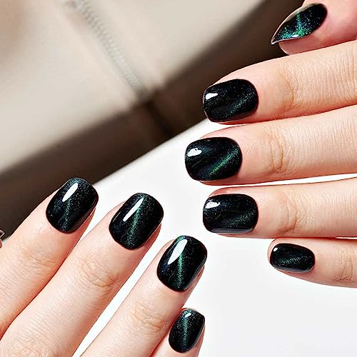 Short Square Black Cat Eyes Gel Press on Nails Blue Glitter Reusable Kit for Women - Image 8