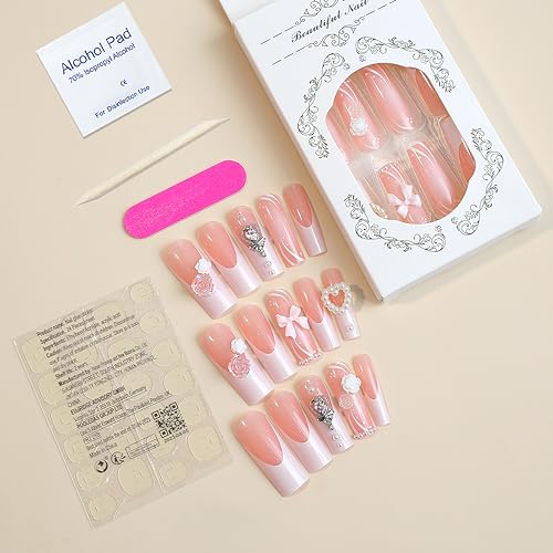 Long Fake Nails with Charm French Tip Square Press on Nails Full Cover False Nails with Bow Heart Pearl Flower Designs Acrylic Nails Pink Glitter Stick on Nails Cute Long Artificial Nails for Women - Image 4