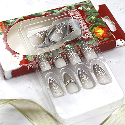 24pcs Medium Glitter Almond Gradient Grey White Snowflake Press on Nails - Image 4