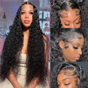 13x6 Water Wave Lace Front Wigs Human Hair Pre Plucked with Baby Hair Wet and Wavy Wigs for Women HD Transparent Lace Frontal Wigs Brazilian Curly Hair 180% Density Natural Black 26 Inch