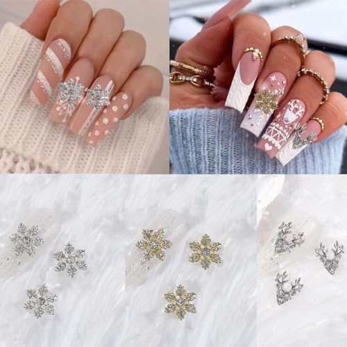 Christmas Nail Art Charms- 12Pcs Gold Silver Elk Snowflake Nail Charms D Alloy Shiny Designs Snow Elk Nail Gems with Rhinestones Winter Christmas Charms for Acrylic Nails Women DIY Manicure Supplies - Image 7