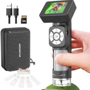 Andonstar AD112 Portable Pocket Microscope Kit for Kids and Adults with 2" LCD Screen, Mini Handheld Digital Microscope 500X with 8 Adjustable LED Lights, Windows PC Compatible, 32GB SD Card Included