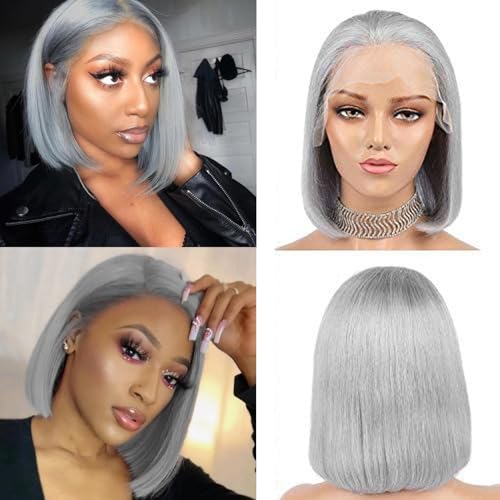 Short Bob Wigs Human Hair for Women, 13x4 HD Lace Front Bob Wigs 180% Density Straight Bob HD Lace Wigs, Free Part Remy Virgin Hair Transparent Lace Wigs(8 Inch,Grey)