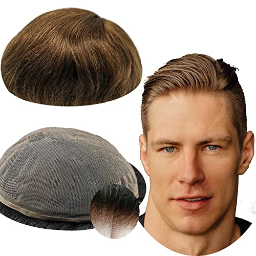 Toupee for Men - Real Human Hair Replacement System - Fine French Lace Hairpiece - Customizable Hair Units - Natural-Looking Hair Pieces - Hair Prosthesis - #4 Light Brown - 8x10
