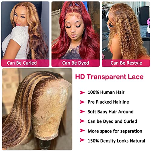 13x5 HD Honey Blonde Lace Front Wigs Human Hair Wigs for Black Women 180 Density Ombre Straight T Lace Frontal Wigs Human Hair Pre Plucked with Baby Hair Natural Hairline(24 Inch) - Image 6