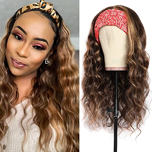Ombre Headband Wig Human Hair #4/27 Highlight Body Wave Headband Wig 20 Inch Glueless None Lace Front Wig Brazilian Virgin Human Hair Headband Wigs for Black Women Wear and Go Wig 150% Density