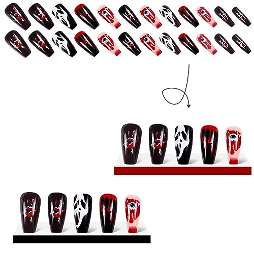 24 Pcs Halloween Black Coffin Press On Nails with Bloody Eyeball Ghost Face Design - Image 2