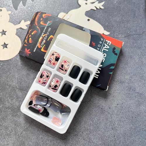Halloween Fake Nails Short Square Press on Nails Petite Cute False Nails with Little Ghost Designs Matte Black Acrylic Nails Holiday Stick on Nails Halloween Glue on Nails for Women Girls - Image 4