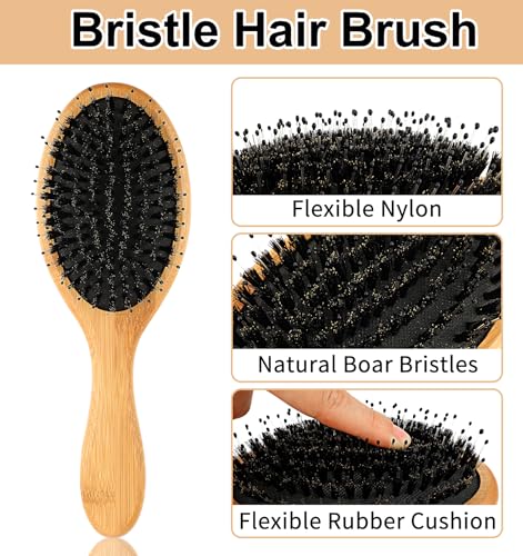 Boars Hair Brush, Comb and Brush Set, Boar Bristle Hairbrush for Thick Curly Thin Long Short Wet or Dry Hair Adds Shine and Makes Hair Smooth, Bamboo Hair Brush for Women, Men, Kids 2PCS - Image 2