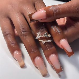 Brown Press on Nails Medium Long Square Fake Nails Glossy Glue on Nails Reusable Brown French Tip Acrylic Nails Natural Autumn Coffin False Nails for Women Girls DIY Nails Decoration 24Pcs