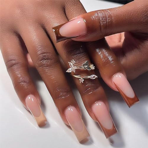 Brown Press on Nails Medium Long Square Fake Nails Glossy Glue on Nails Reusable Brown French Tip Acrylic Nails Natural Autumn Coffin False Nails for Women Girls DIY Nails Decoration 24Pcs