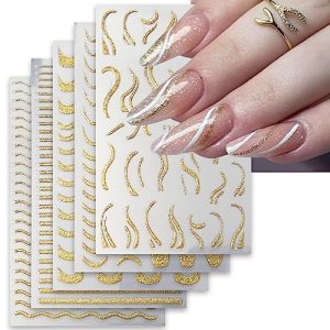 5 Sheets Glitter Lines Nail Stickers Metallic Curve Lines Nail Decals Simple French Nail Art Supplies 3D Self-Adhesive Holographic Wave Lines Nail Art Design Accessories for Women Girls DIY Manicure