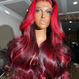 99j Red Ombre Highlight 22 Inch Human Hair Lace Front Wig 180% Density