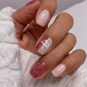 Christmas Press on Nails Short Square SWEKKE Fake Nails Red Glitter Full Cover Bow False Nails with Designs Glossy Glue on Nails Acrylic Press on Nails Artificial Nails for Women Girls 24Pcs