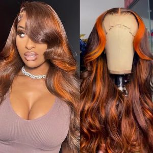 32 Inch Brown Ginger Balayage Ombre Orange Body Wave HD Lace Front Wig 180 Density