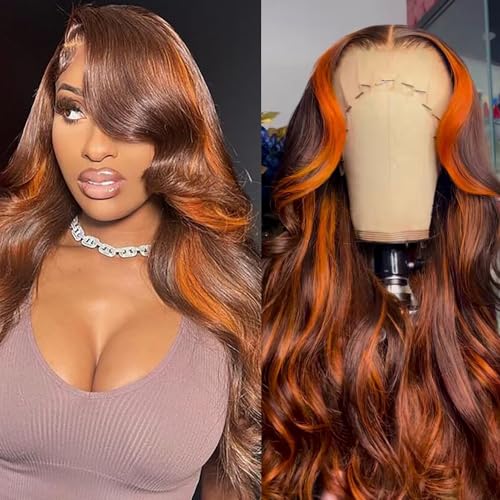 32 Inch Brown Ginger Balayage Ombre Orange Body Wave HD Lace Front Wig 180 Density