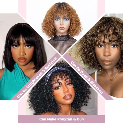 Short Curly Human Hair Wigs with Bangs Water Wave Bob Wig Human Hair Glueless Brazilian Virgin Human Hair Wigs for Black Women 150% Density None Lace Front Wigs 10 Inch Ombre Brown Color - Image 5