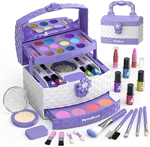 PERRYHOME 35-Piece Washable Non-Toxic Kids Makeup Kit for Girls, Ages 3-12, Purple Frozen Set