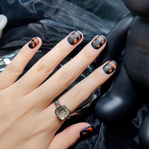 Halloween Short Square Black Matte Press On Nails with Orange Pumpkin Design 24pc Set - Image 2