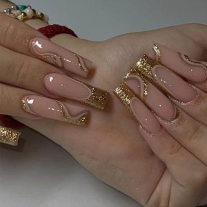 French Tips Press on Nails Coffin Long Fake Nails Glittering Gold Acrylic Nails Shiny False Nails for Women and Girls 24PCS