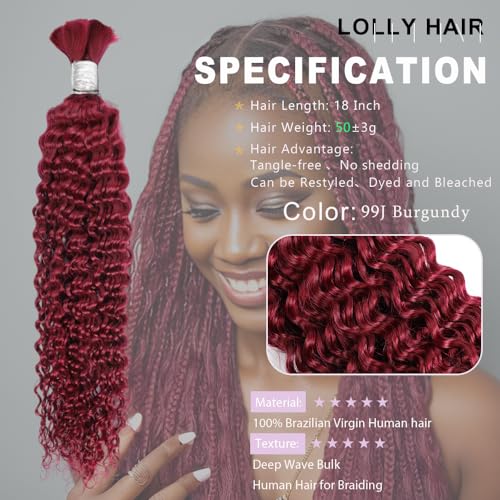 Human Braiding Hair 1 Bundle 50g 18 Inch Deep Water Wave Bulk Human Hair for Braiding No Weft 10A Brazilian Virgin Curly Human Hair Extensions for Boho Braids Wet and Wavy Red Burgundy Braiding Hair - Image 2