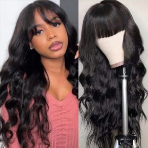 Wear and Go Glueless Wigs with Bangs for Black Women Body Wave 5x5 Lace Front Wigs with Bangs Human Hair Loose Body Lace Closure Wigs Middle Part Wigs 180% Density Natural Color (18 Inch)