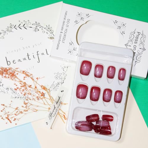 24Pcs Short Press on Nails Ballet Shape Fake Nails Coffin False Nails with Pink Blush French Designs Rose Red Acrylic Glossy Nails Artificial Full Cover Glue on Nails for Women Girls Summer Manicure - Image 3
