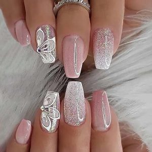 Press on Nails Medium Coffin SWEKKE Fake Nails Pink Full Cover False Nails with Flower Designs Glitter Glossy Glue on Nails Acrylic Nails Stick on Nails Artificial Nails for Women Girls 24 Pcs