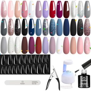 beetles Gel Polish Nail Set 20 Colors Modern Muse Collection Nude Gray Pink Blue Glitter with Nail Extension Set 5 In 1 Nail Glue Gel Base Coat with Pre shaped Medium Almond Soft Gel Nail Tips and UV