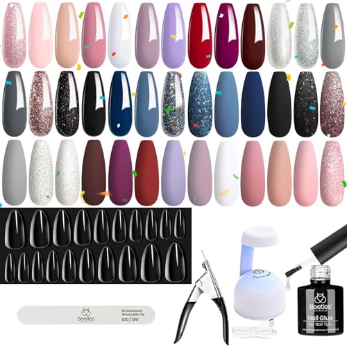 beetles Gel Polish Nail Set 20 Colors Modern Muse Collection Nude Gray Pink Blue Glitter with Nail Extension Set 5 In 1 Nail Glue Gel Base Coat with Pre shaped Medium Almond Soft Gel Nail Tips and UV