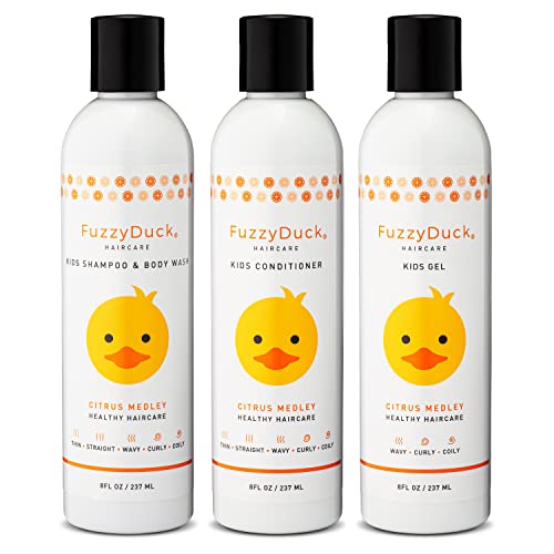 8oz Kids Shampoo + Body Wash, 8oz Conditioner, and 8oz Hair Gel Set, All Hair Types, Moisturizer, made w/ Aloe, Sea Botanicals & Honey that reduces Frizz, increases Moisture Content & Manageability for Smooth & Silky Hair-Citrus Medley
