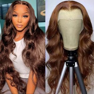 Chocolate Brown Body Wave Lace Front Wigs Human Hair Pre Plucked 4# Colored Body Wave Human Hair Lace Front Wigs for Black Women 180% Density Brown 13x4 HD Transparent Lace Front Wigs (28 inch)